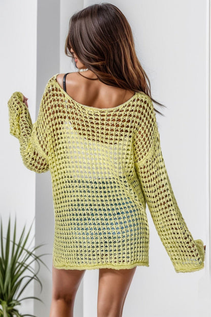 Openwork Round Neck Dropped Shoulder Knit Top.