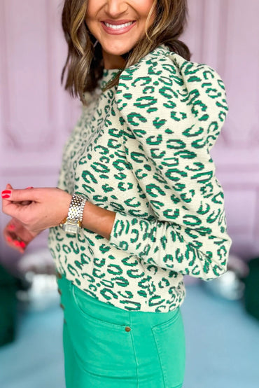 Chic blackish green leopard print puff sleeve top with mock neck design