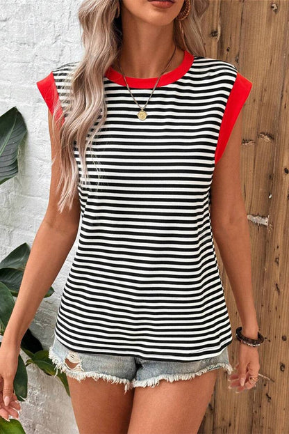 Striped Round Neck Cap Sleeve Top.