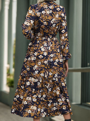 Chic Perfee notched long sleeve midi dress with printed design