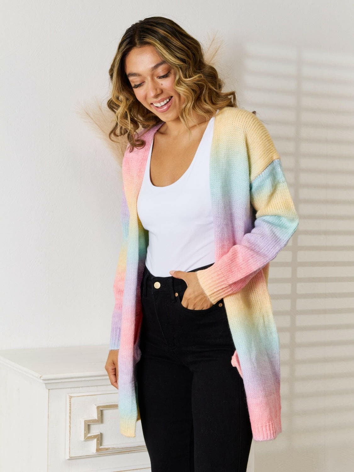 Full Size Gradient Open Front Cardigan.