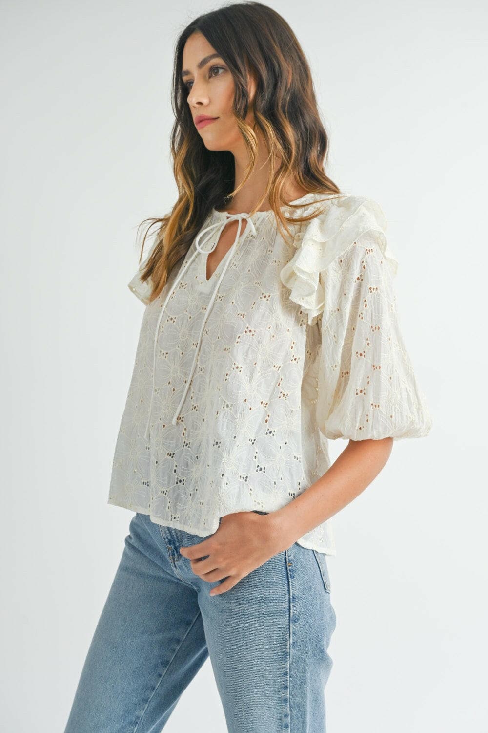 MABLE Eyelet Lace Ruffle Shoulder Puff Sleeve Blouse.