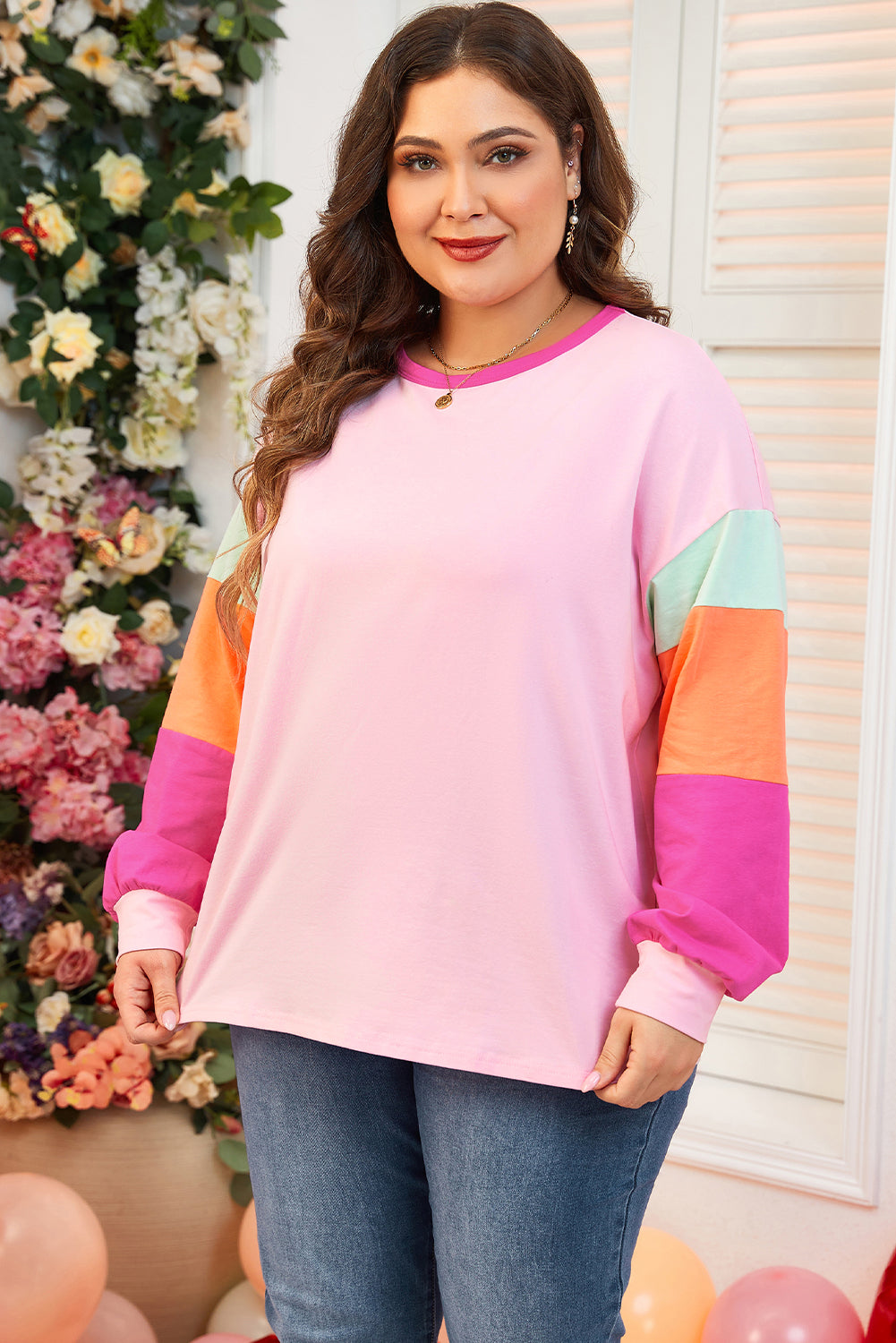 Trendy pink colorblock patchwork long sleeve top for plus sizes