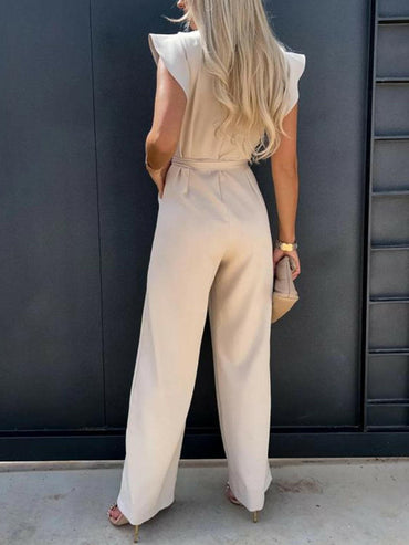 Ruffled Round Neck Cap Sleeve Jumpsuit.