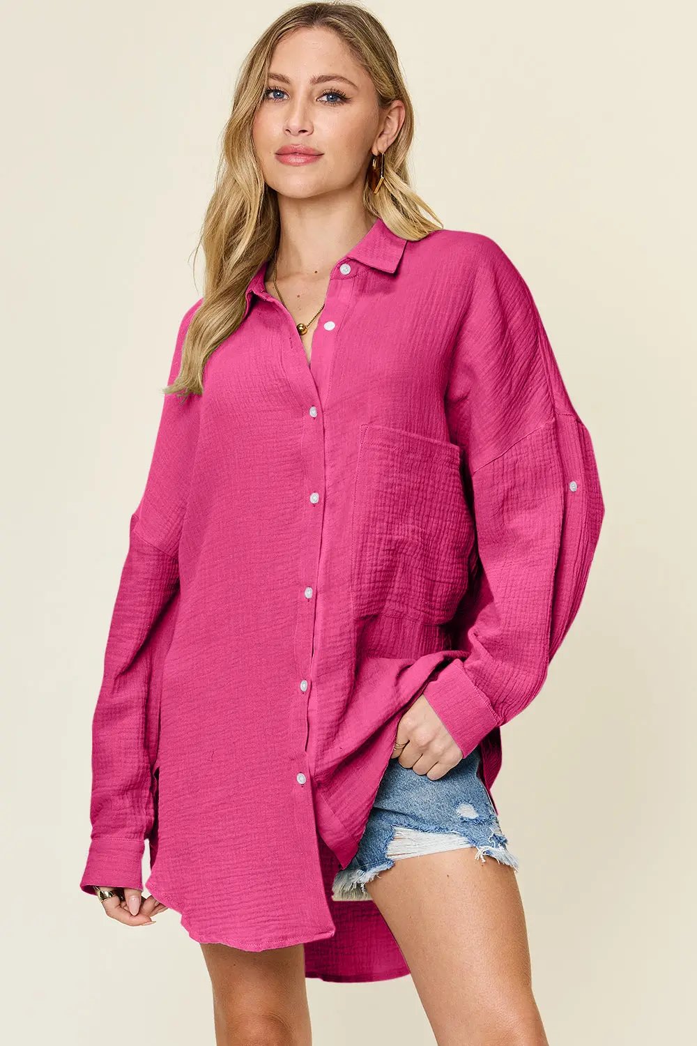 Double Take Full Size Pocketed Texture Button Up Shirt - Love Salve