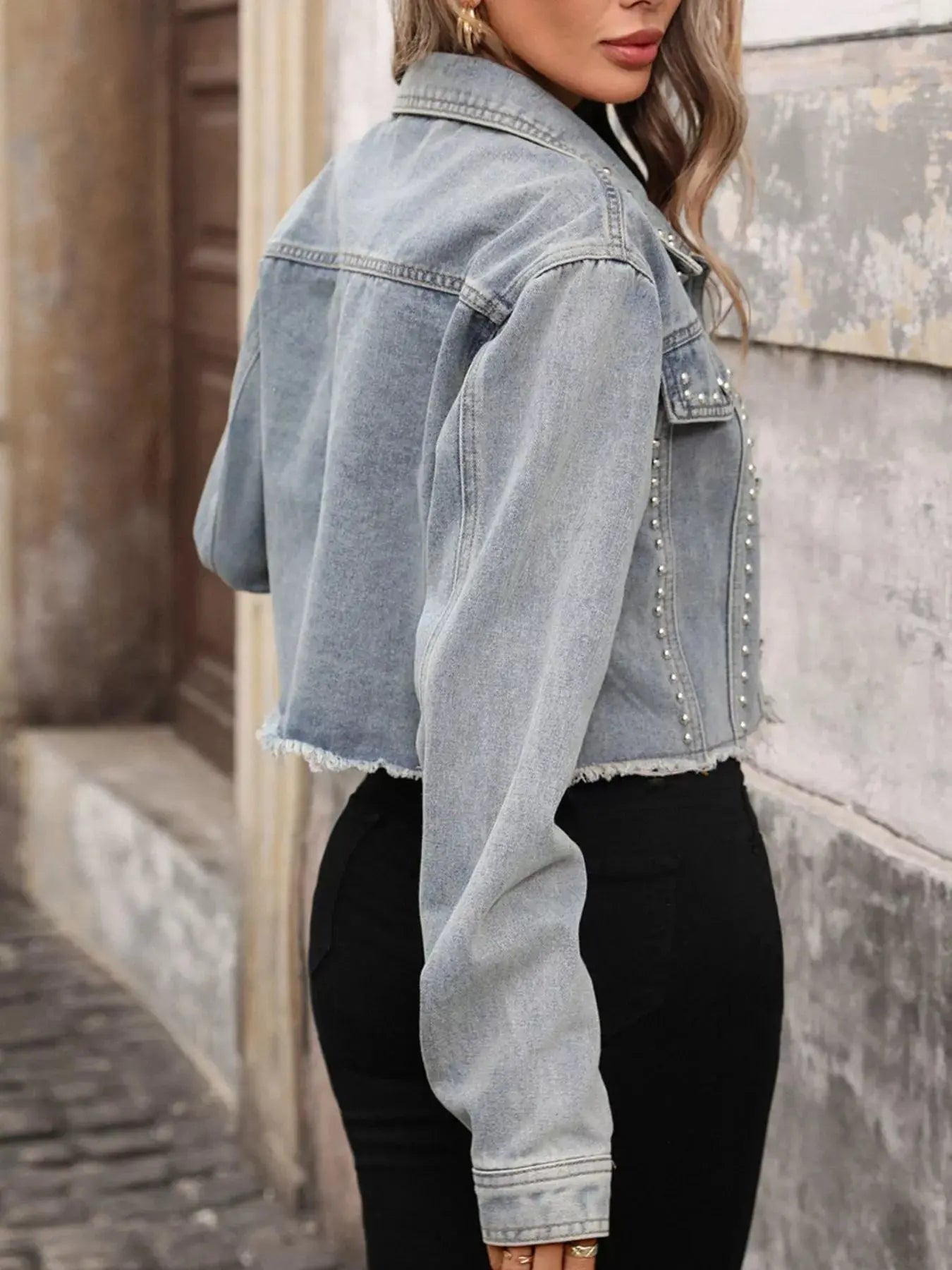 Studded Raw Hem Denim Jacket Simply Love
