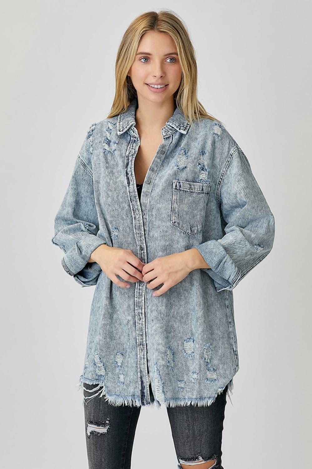 RISEN Distressed Raw Hem Denim Shirt.