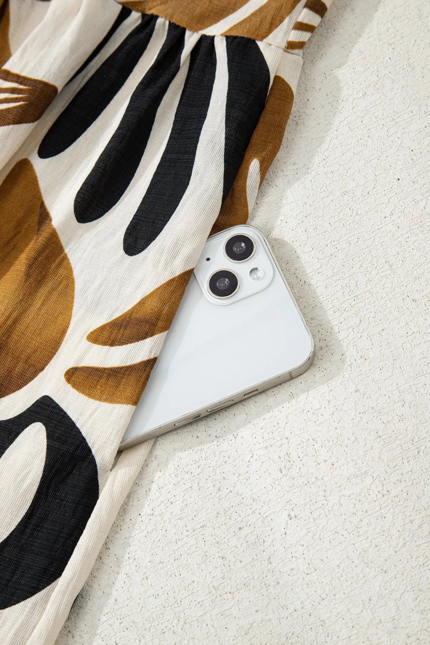 Brown Tropical Print Dress With Contrast Trim Neck Long Sleeve Ruffle Hem Dear-Lover Dropshipping