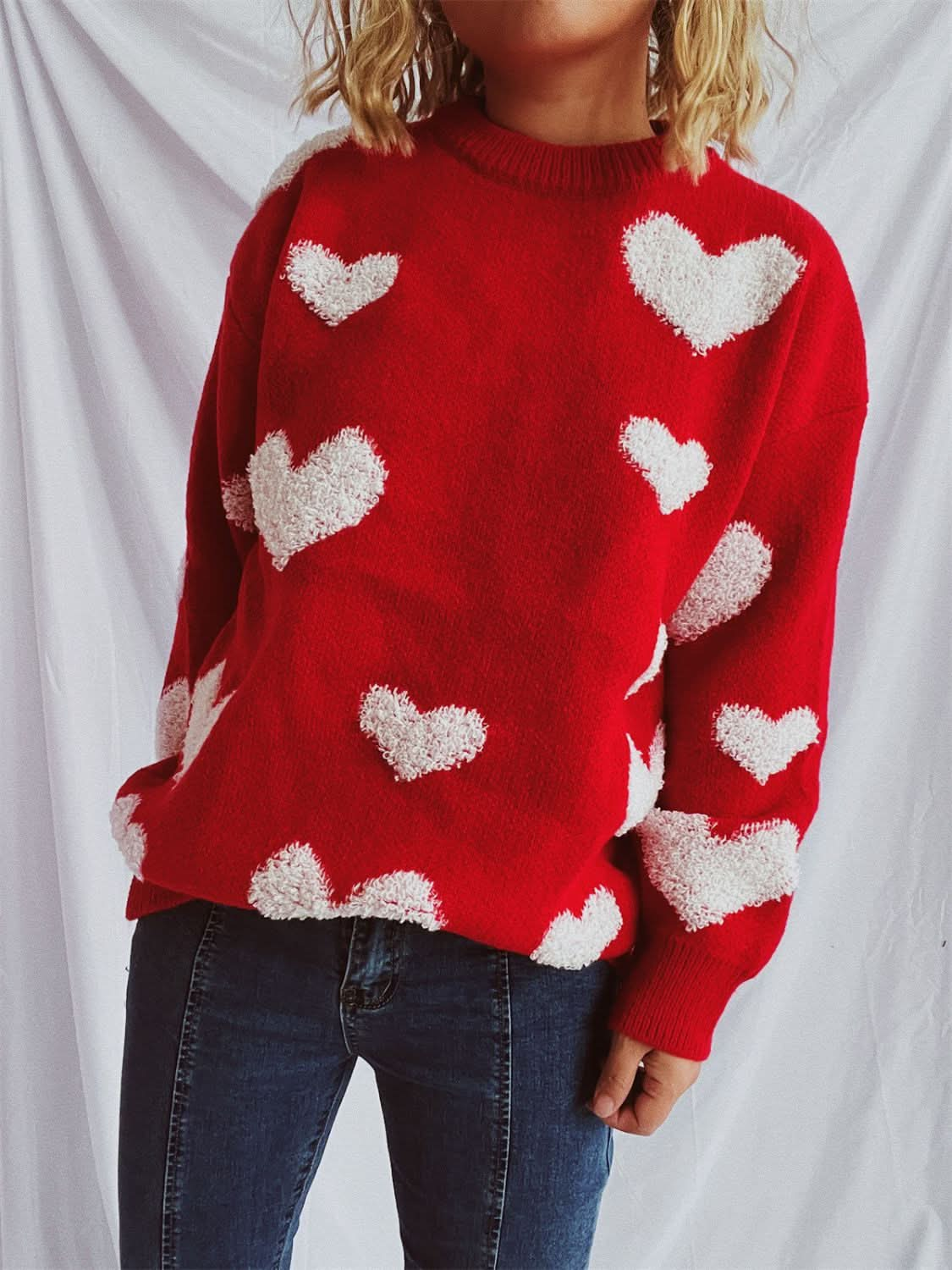 Cozy heart-shaped neckline dropped shoulder pullover