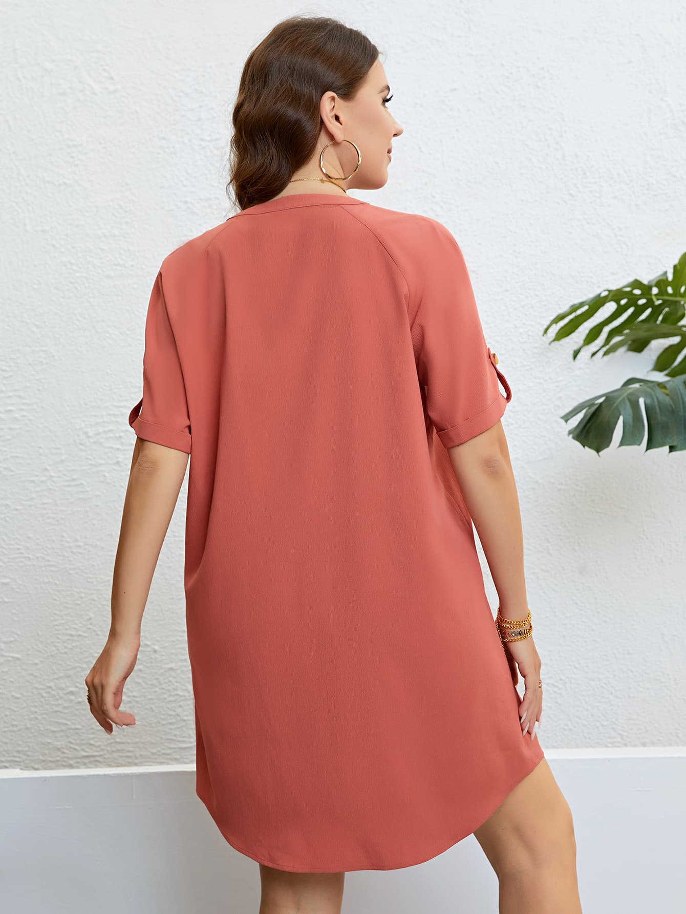 Plus Size Buttoned Notched Neck Shift Dress.