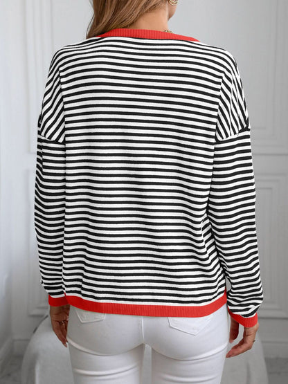 V-neck striped knit top with trim