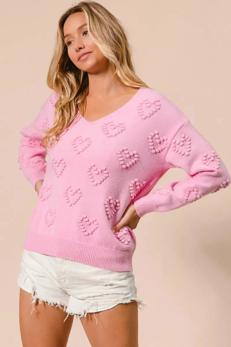 BiBi Valentines Heart Pompom V Neck Knit Top Coco’s Tee Boutique