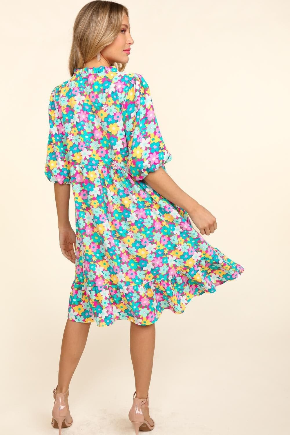 Haptics Bubble Sleeve Floral Ruffled Dress.