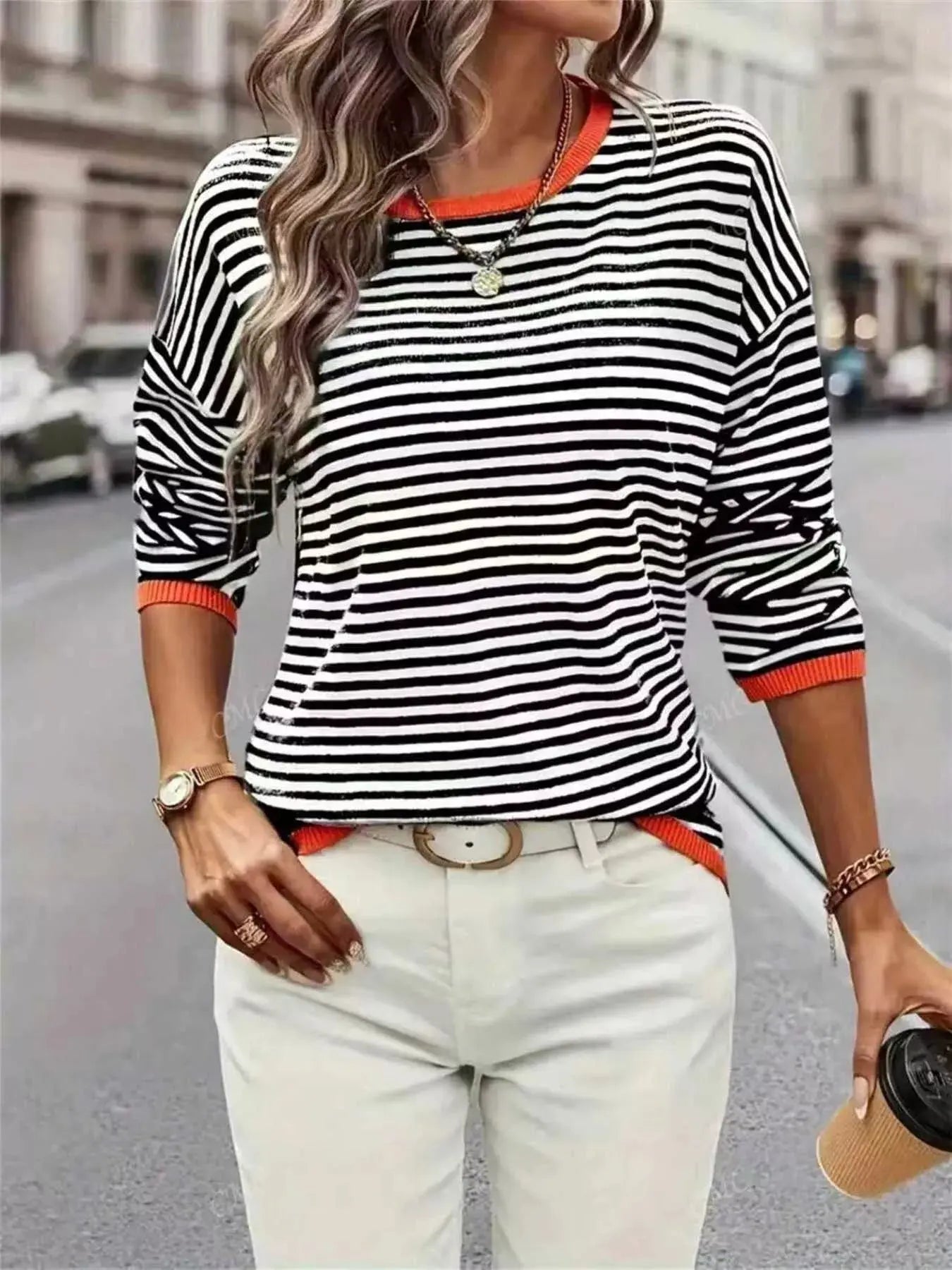 Plus Size Contrast Striped Long Sleeve Sweater Simply Love