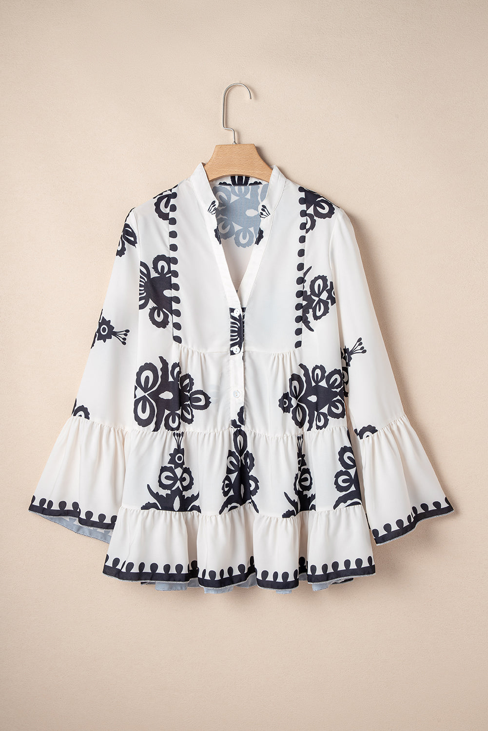 White Abstract Printed Bell Sleeve Buttoned Tiered Babydoll Blouse