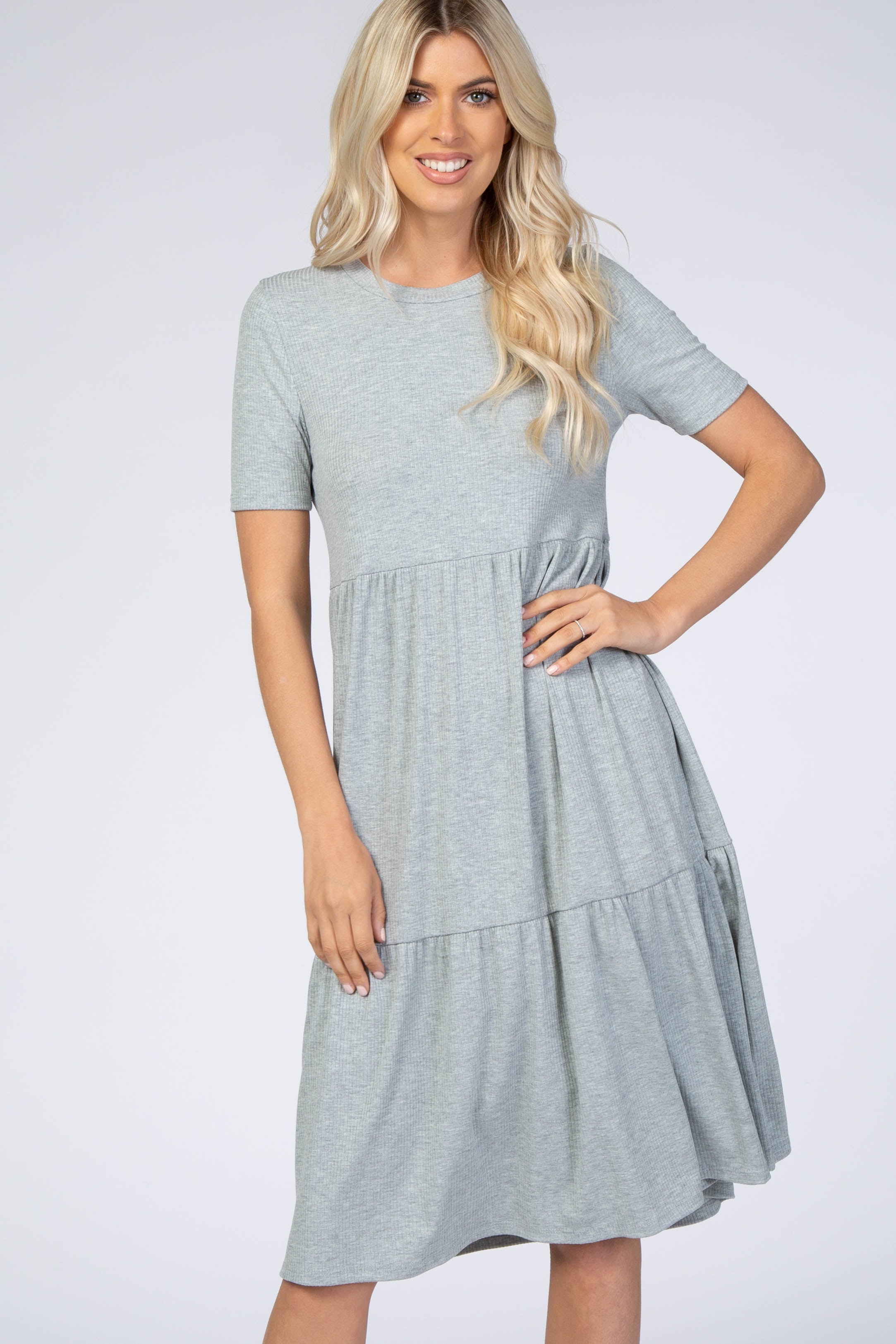 Heather Grey Ribbed Tiered Dress With Short Sleeves And Scoop Neckline PinkBlush
