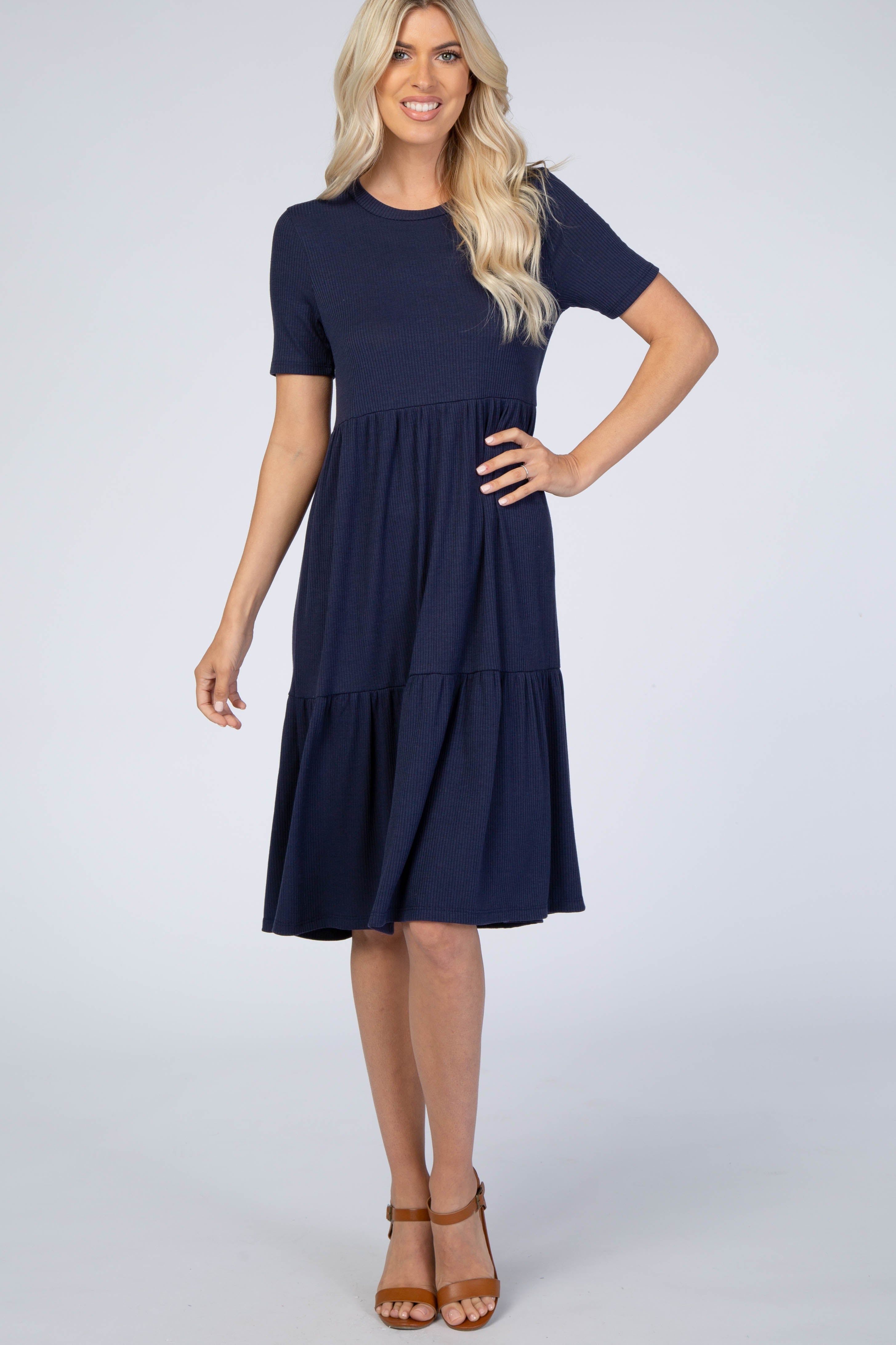 Navy Blue Ribbed Tiered Dress PinkBlush