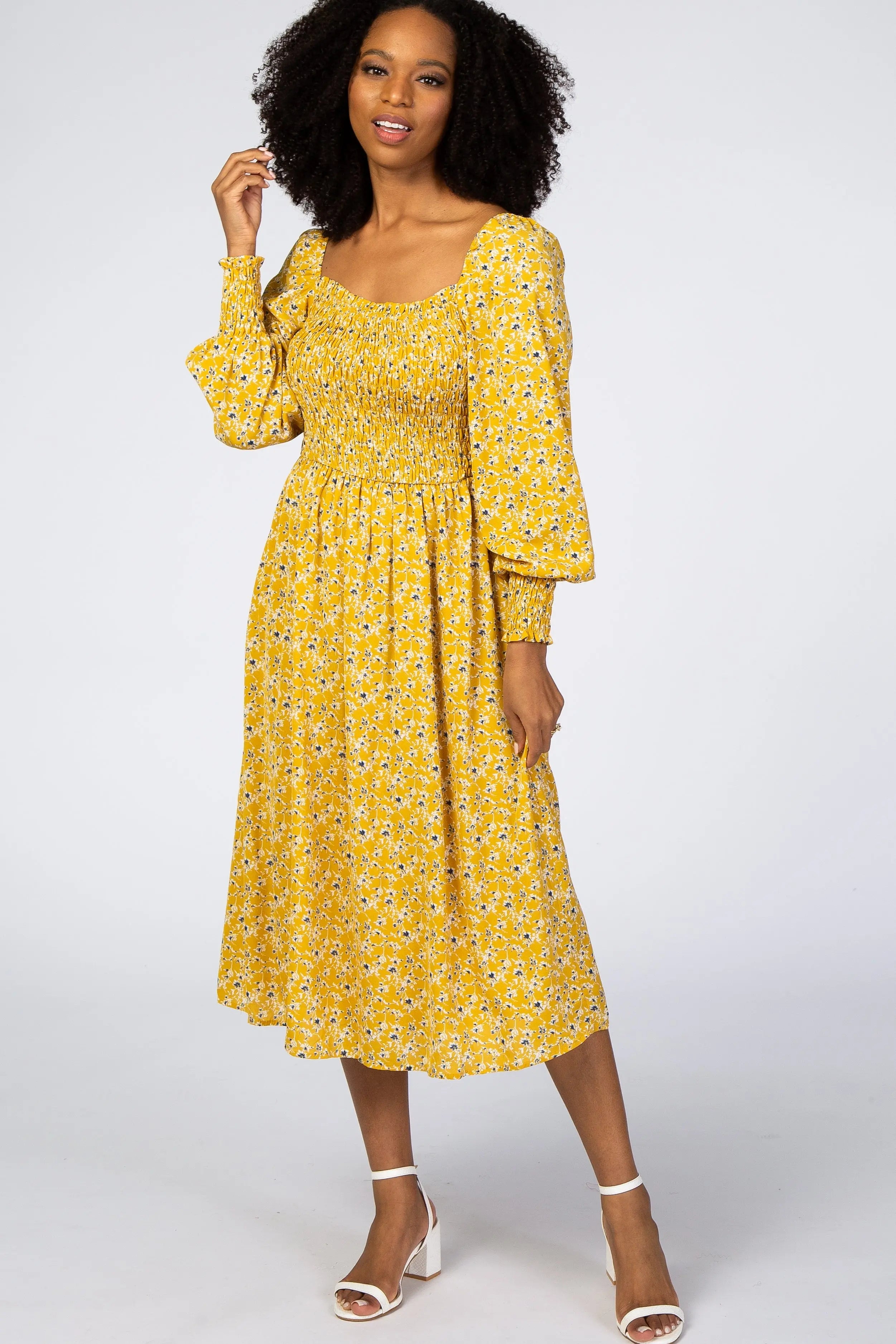 Yellow Floral Smocked Bubble Sleeve Midi Dress PinkBlush