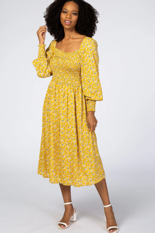 Yellow Floral Smocked Bubble Sleeve Midi Dress PinkBlush
