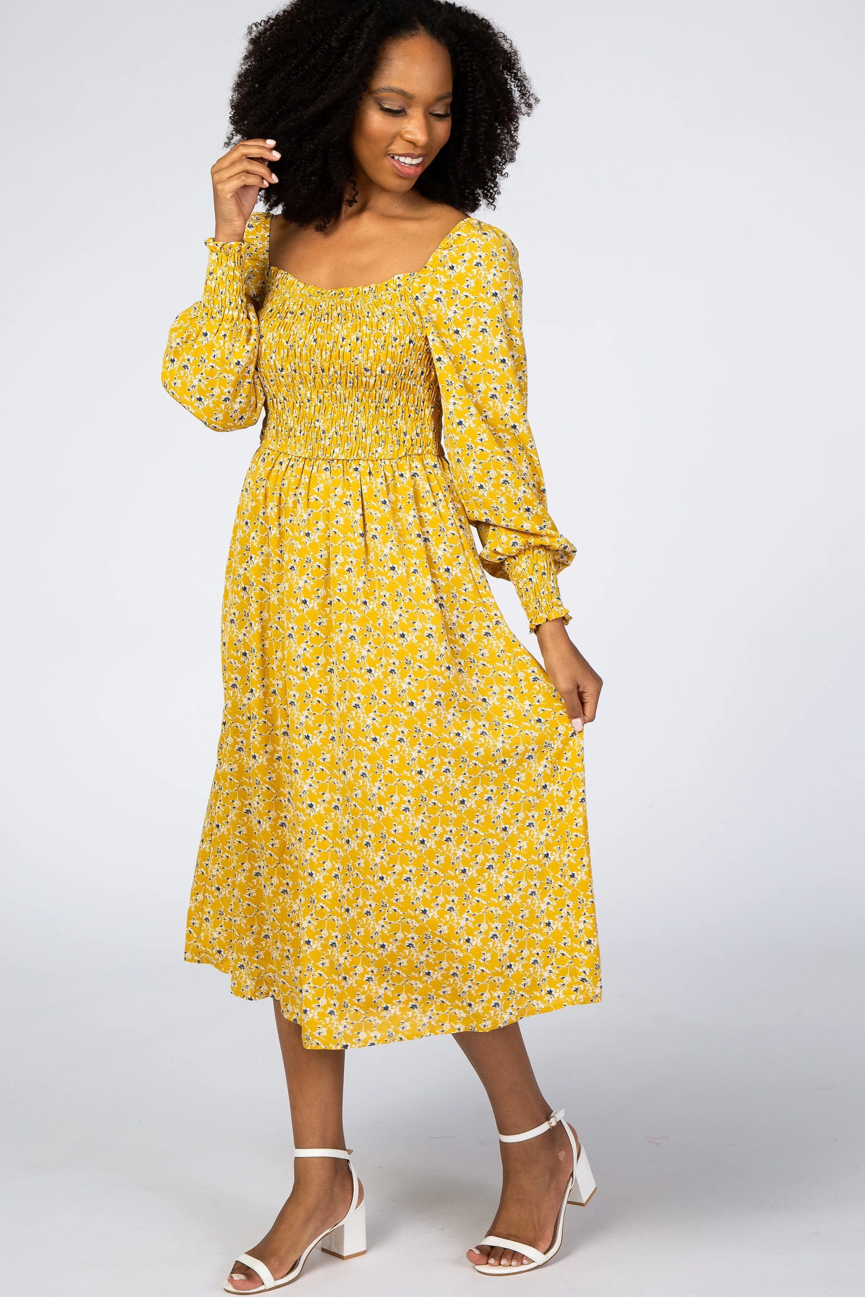 Yellow Floral Smocked Bubble Sleeve Midi Dress PinkBlush