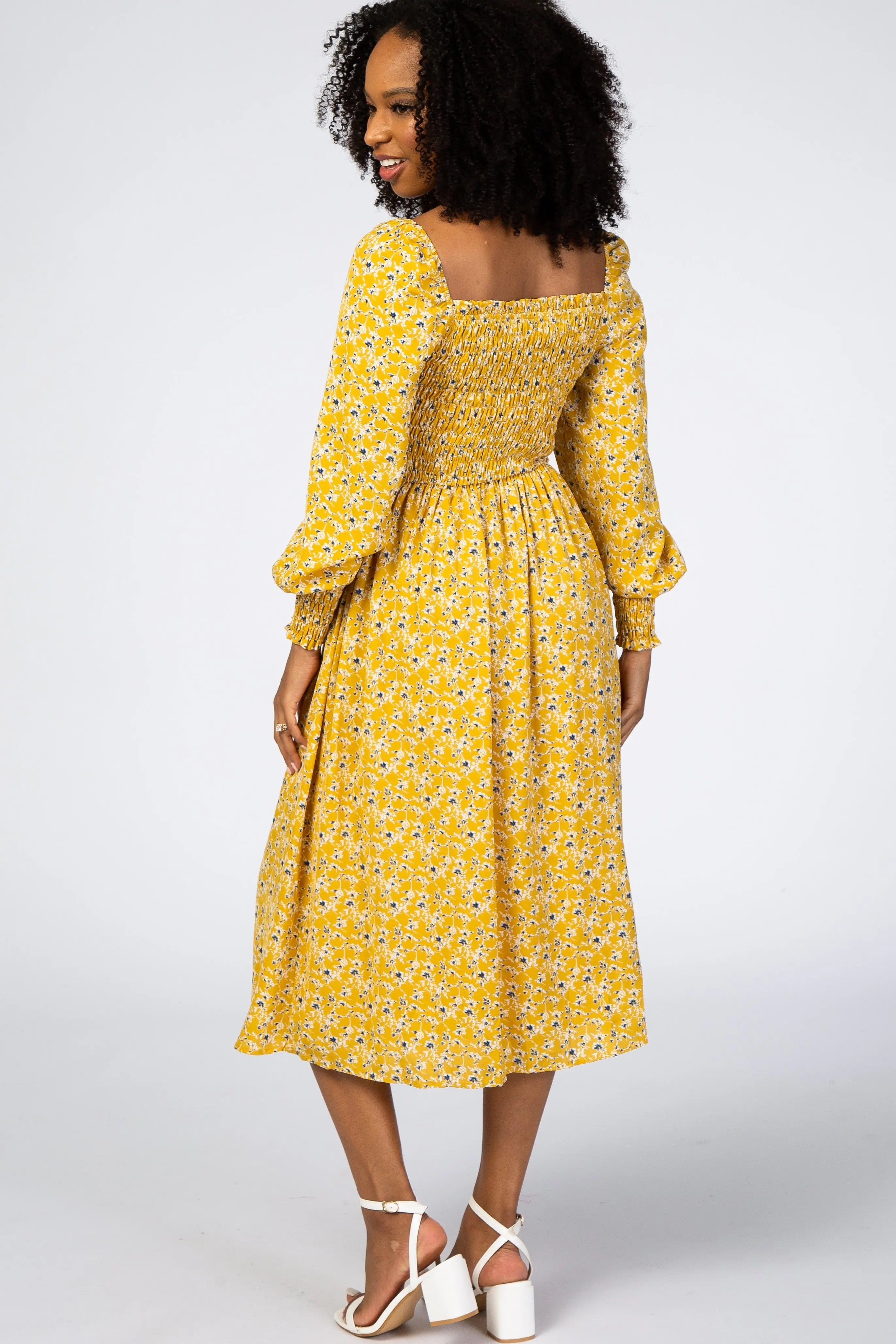 Yellow Floral Smocked Bubble Sleeve Midi Dress PinkBlush