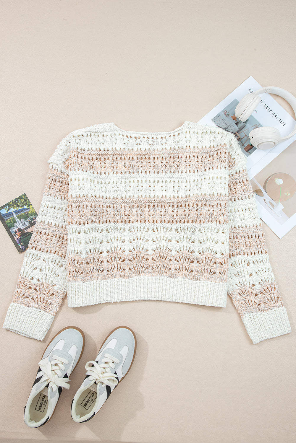 Pink Hollow-Out Colorblock Drop Shoulder Casual Sweater Dear-Lover Dropshipping