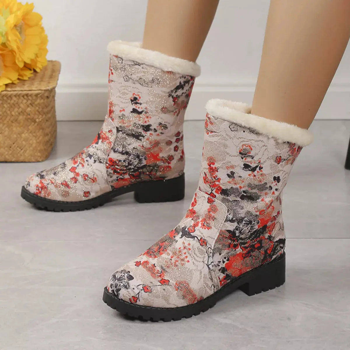 Floral Print Warm Lined Ankle Boots Simply Love