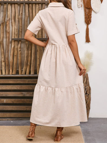 Striped Collared Neck Short Sleeve Dress.