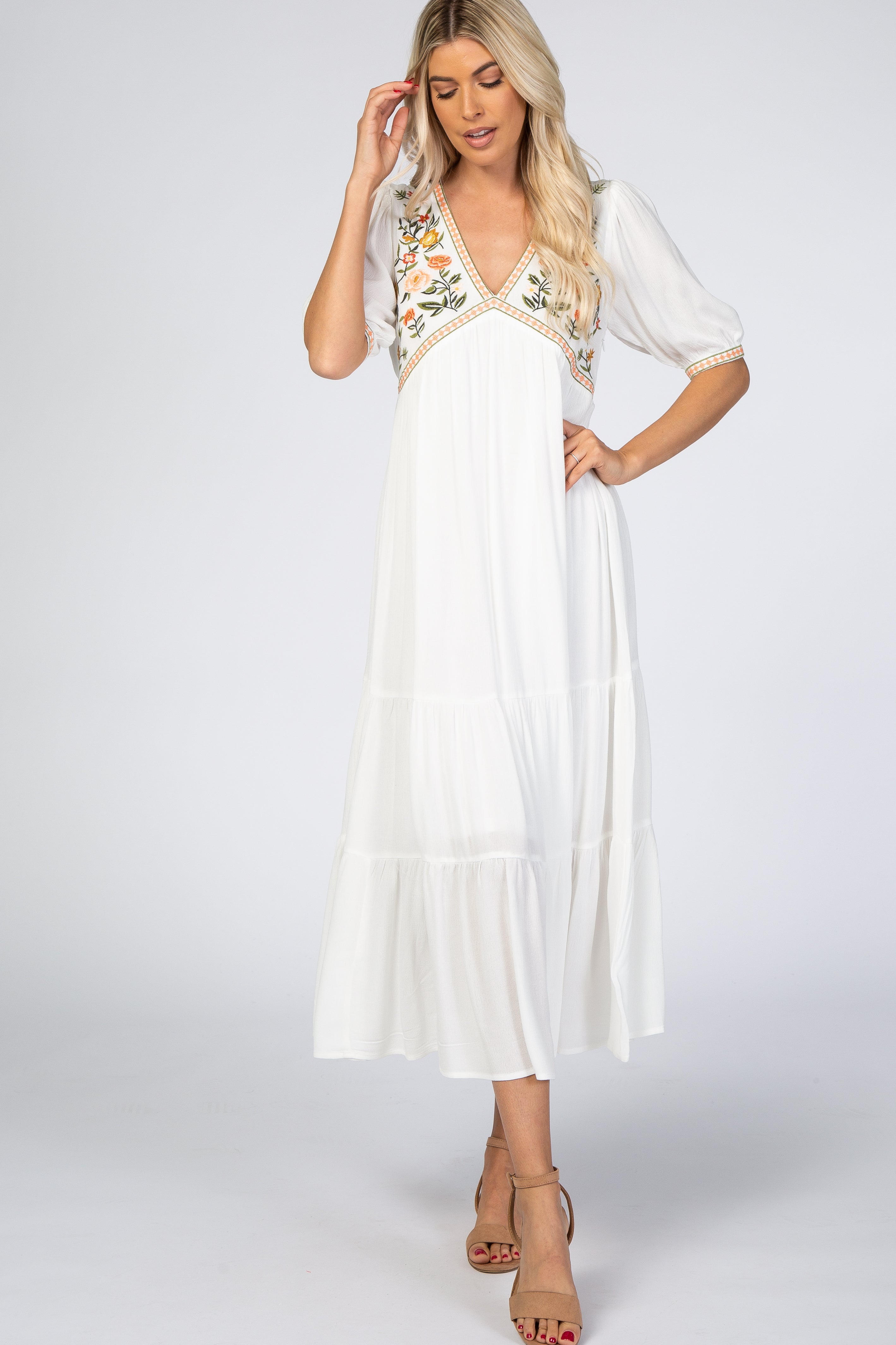 Ivory Floral Embroidered Midi Dress With V Neckline And Keyhole Back PinkBlush