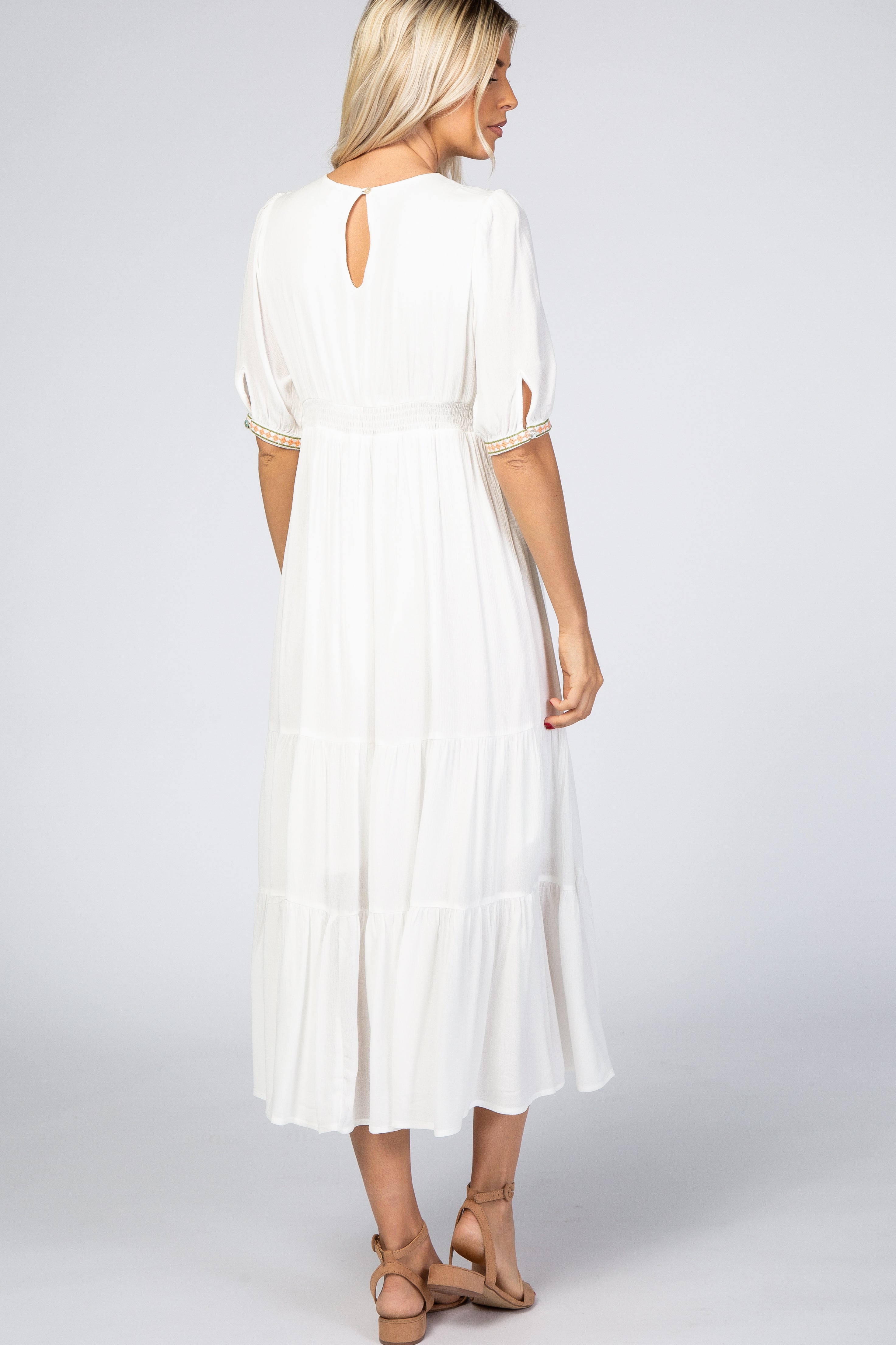 Ivory Floral Embroidered Midi Dress With V Neckline And Keyhole Back PinkBlush