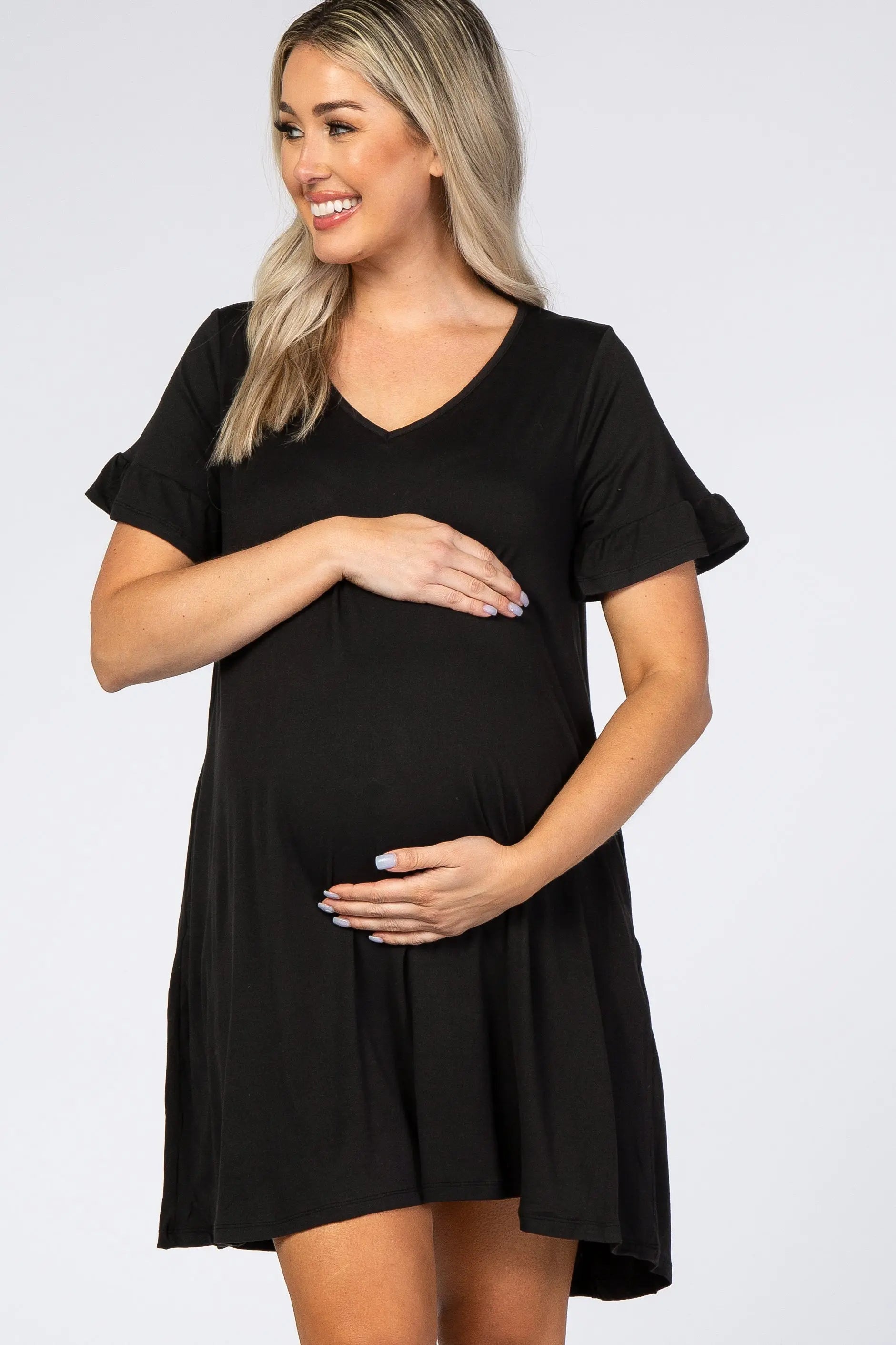 Black Maternity Swing Dress With Ruffle Sleeves V Neck And Pockets PinkBlush