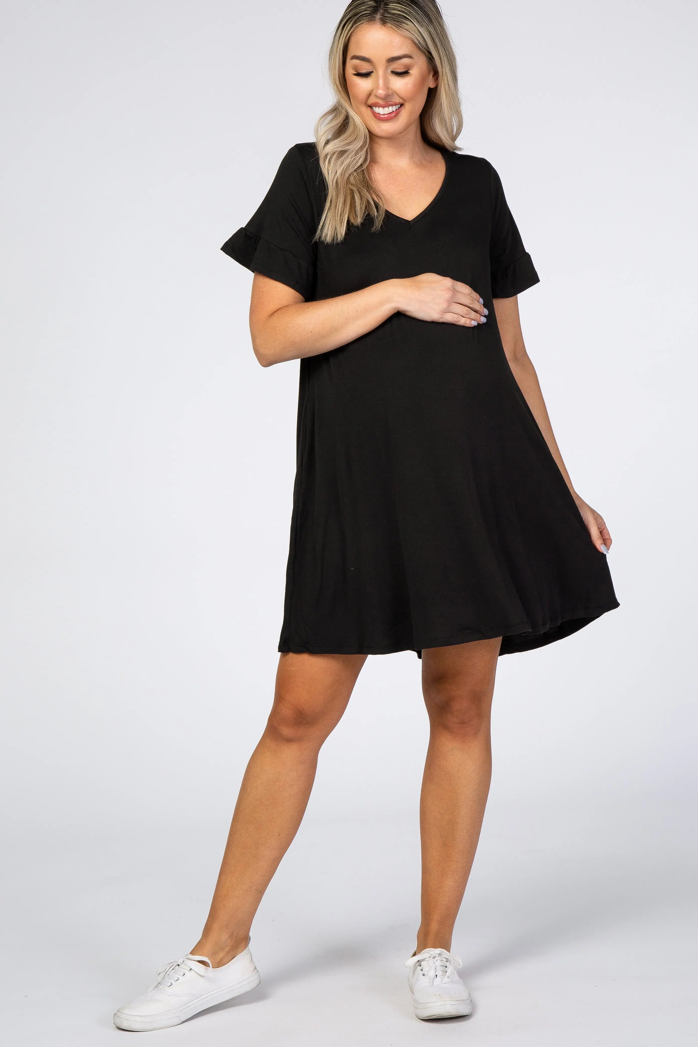 Black Maternity Swing Dress With Ruffle Sleeves V Neck And Pockets PinkBlush