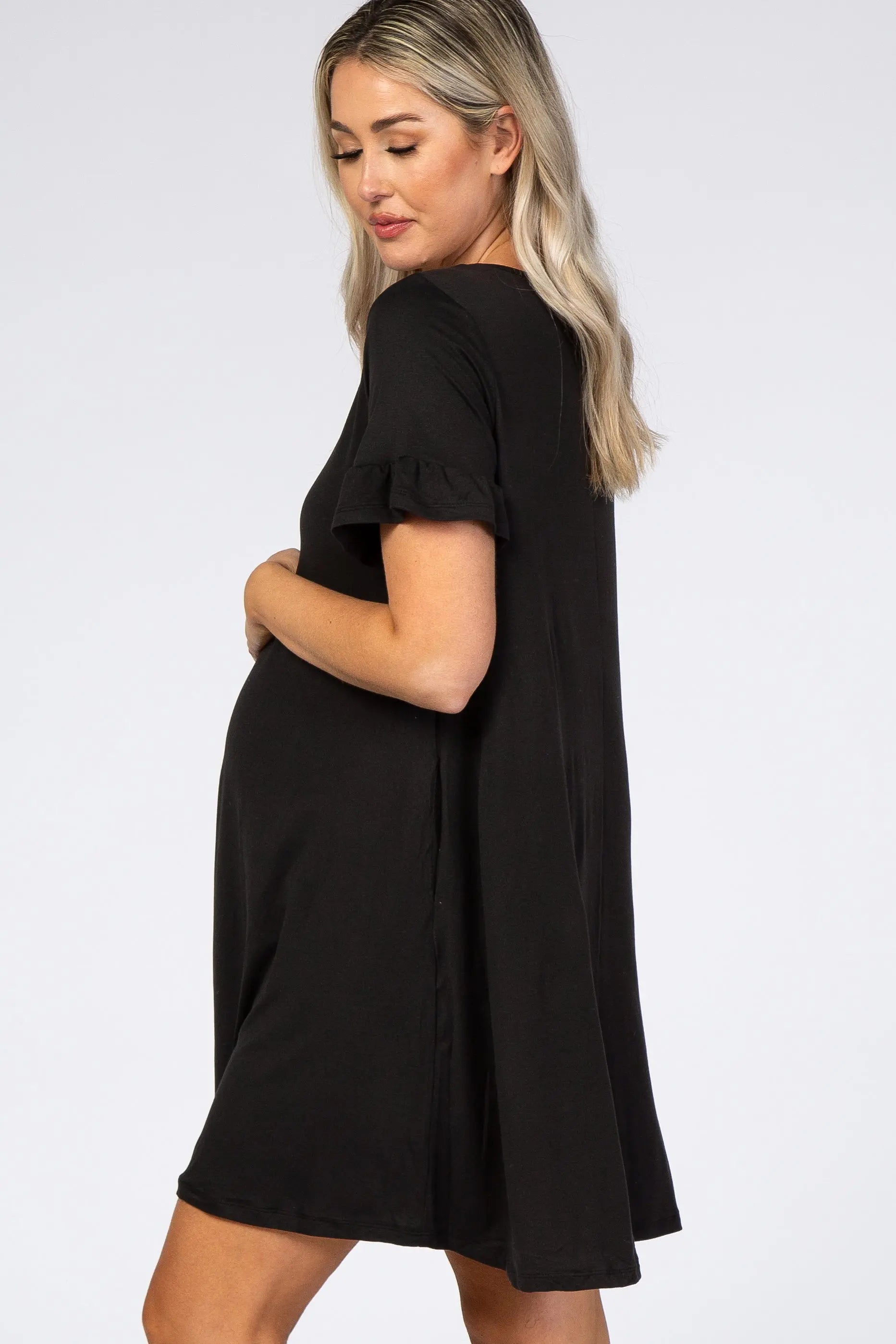 Black Maternity Swing Dress With Ruffle Sleeves V Neck And Pockets PinkBlush