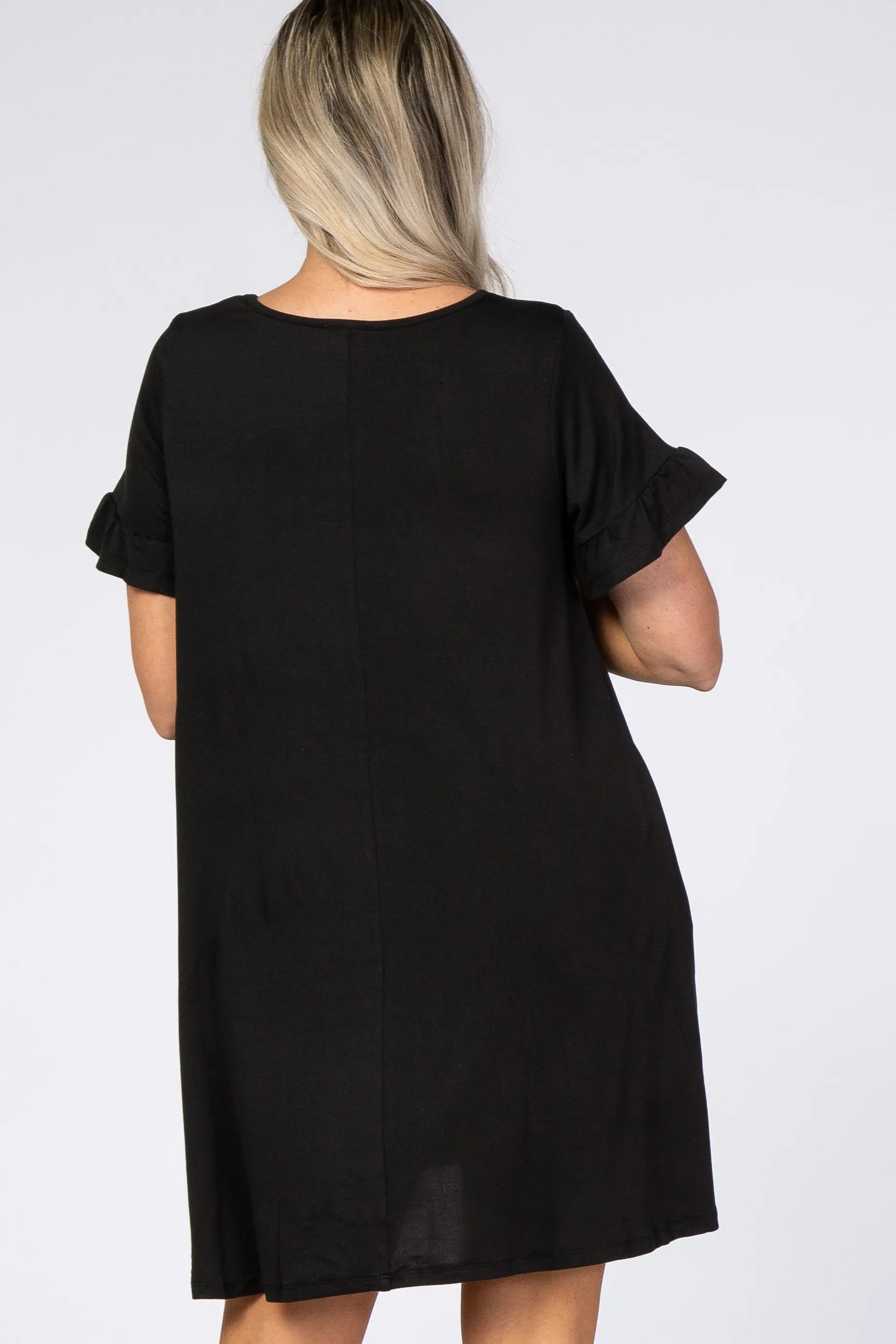 Black Maternity Swing Dress With Ruffle Sleeves V Neck And Pockets PinkBlush