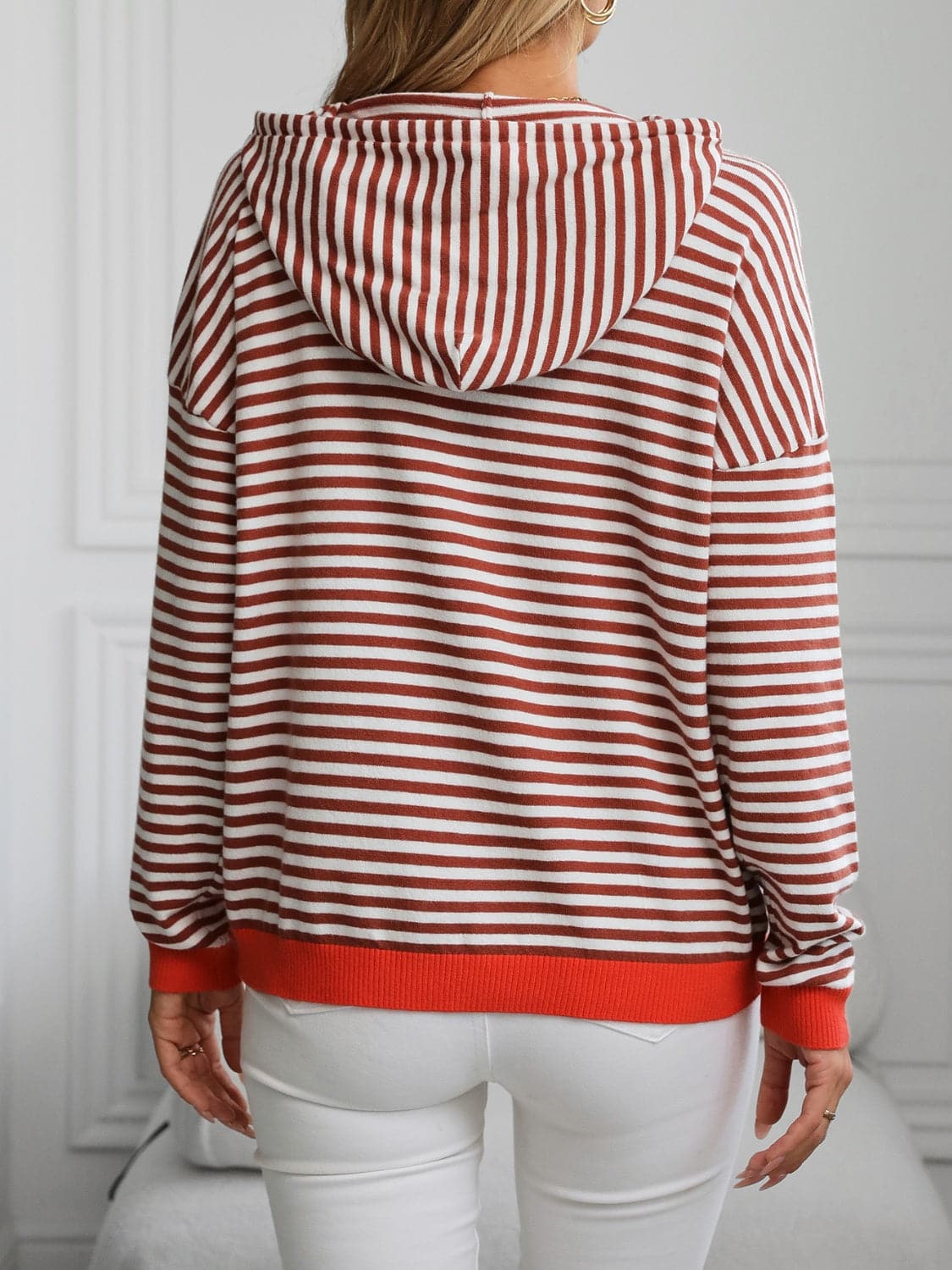 Striped Long Sleeve Hooded Knit Top.