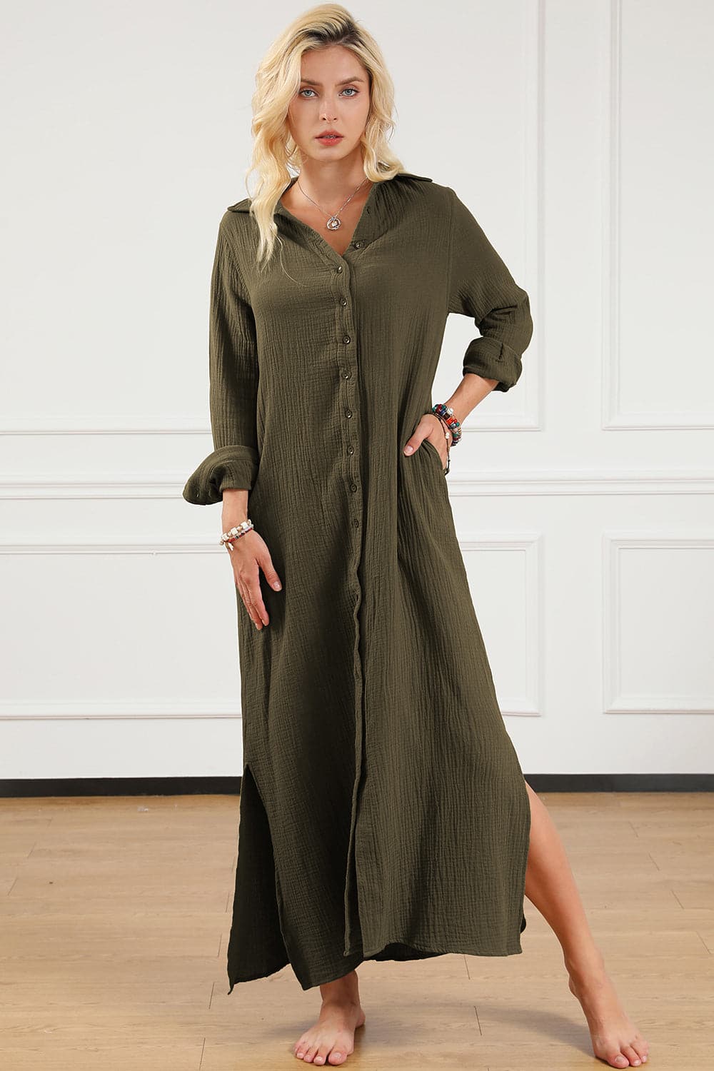 Texture Collared Neck Button Up Slit Shirt Dress.