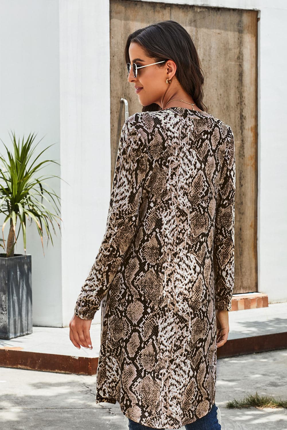 Double Take Printed Open Front Longline Cardigan.