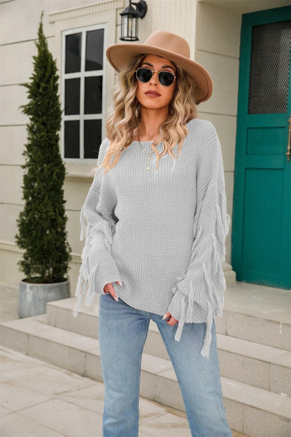 Fringe Round Neck Dropped Shoulder Sweater.