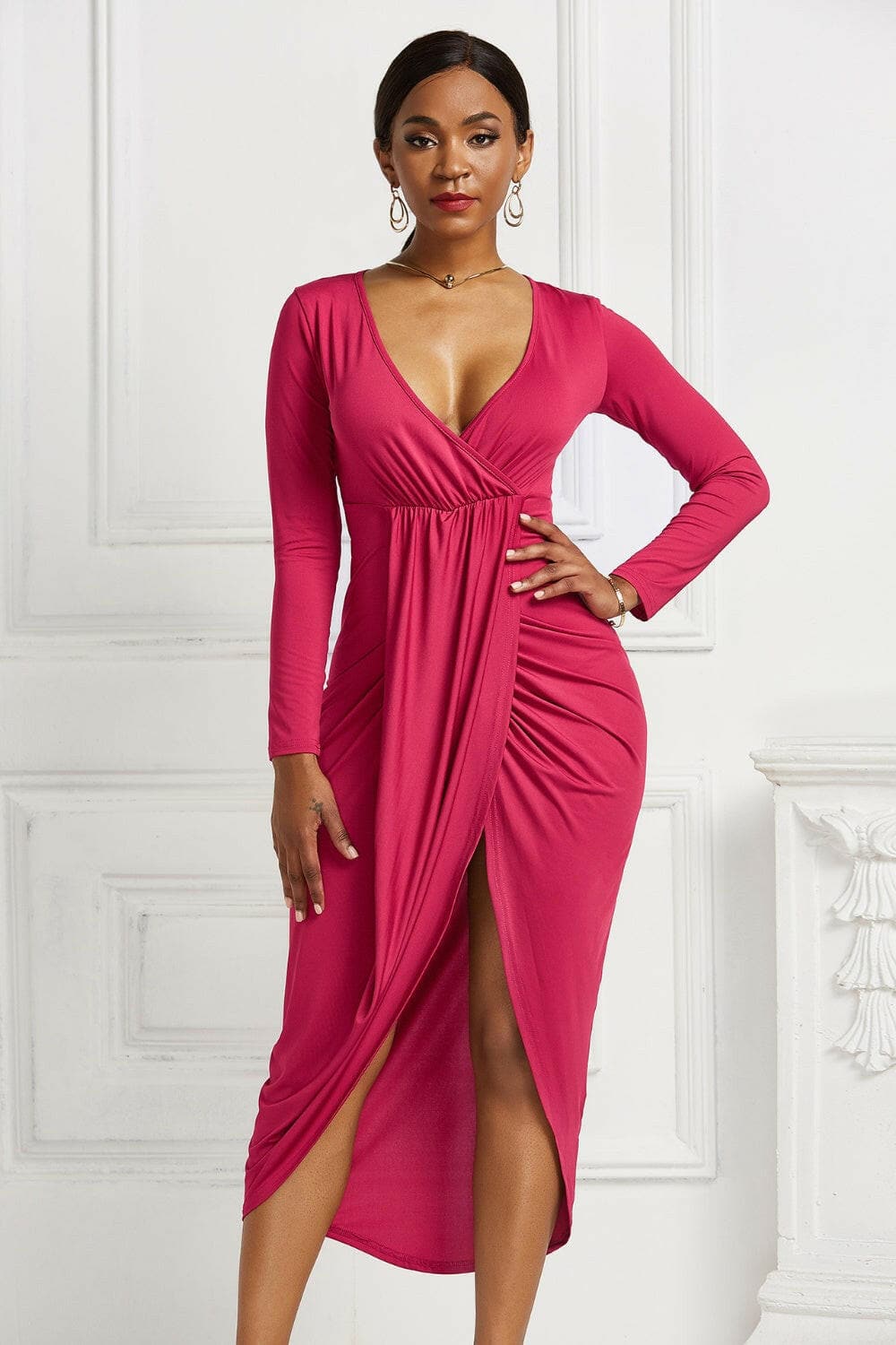 High-low Ruched Surplice Long Sleeve Dress.