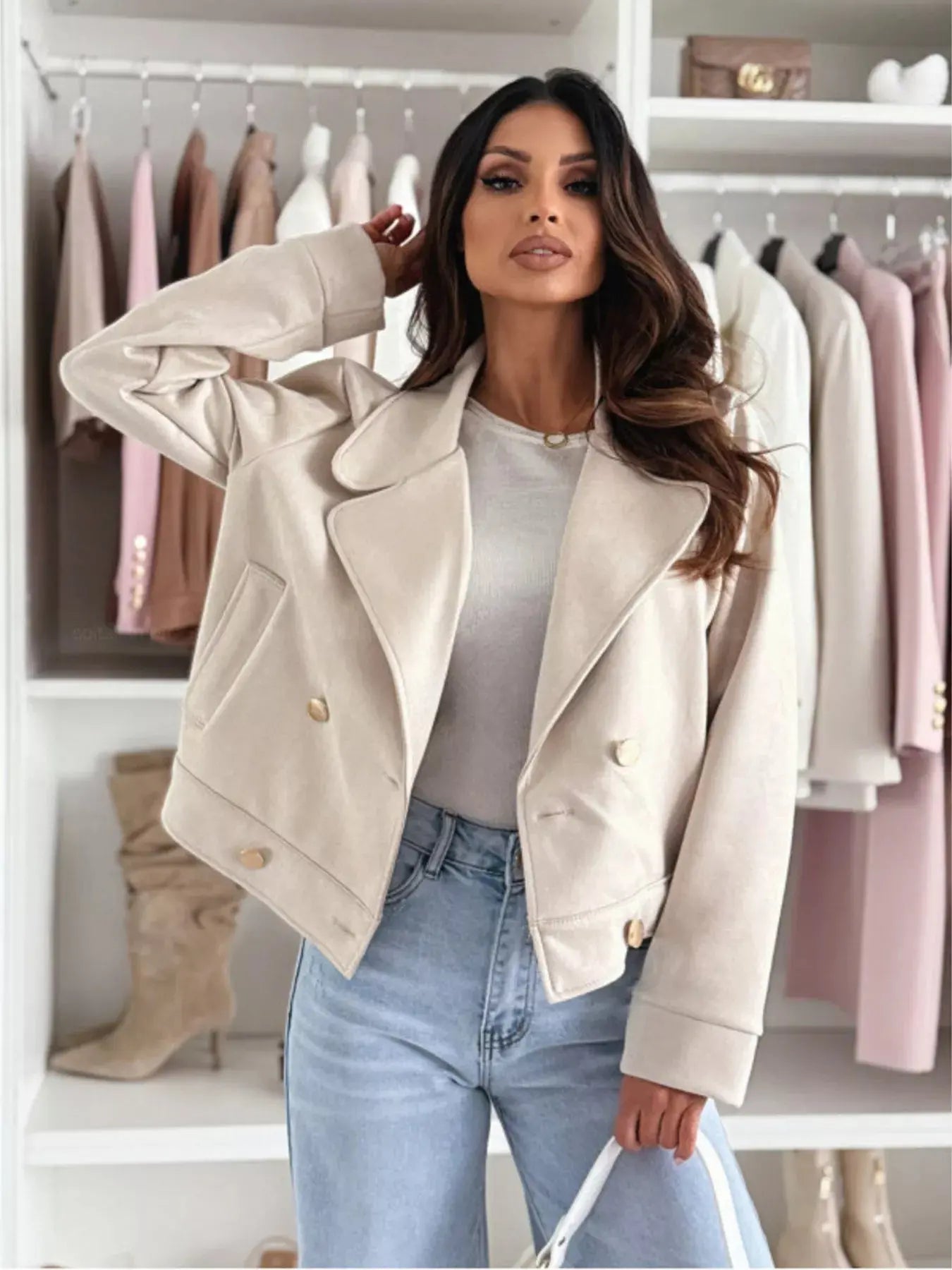 Beige Polyester Double Breasted Lapel Collar Jacket With Pockets Simply Love