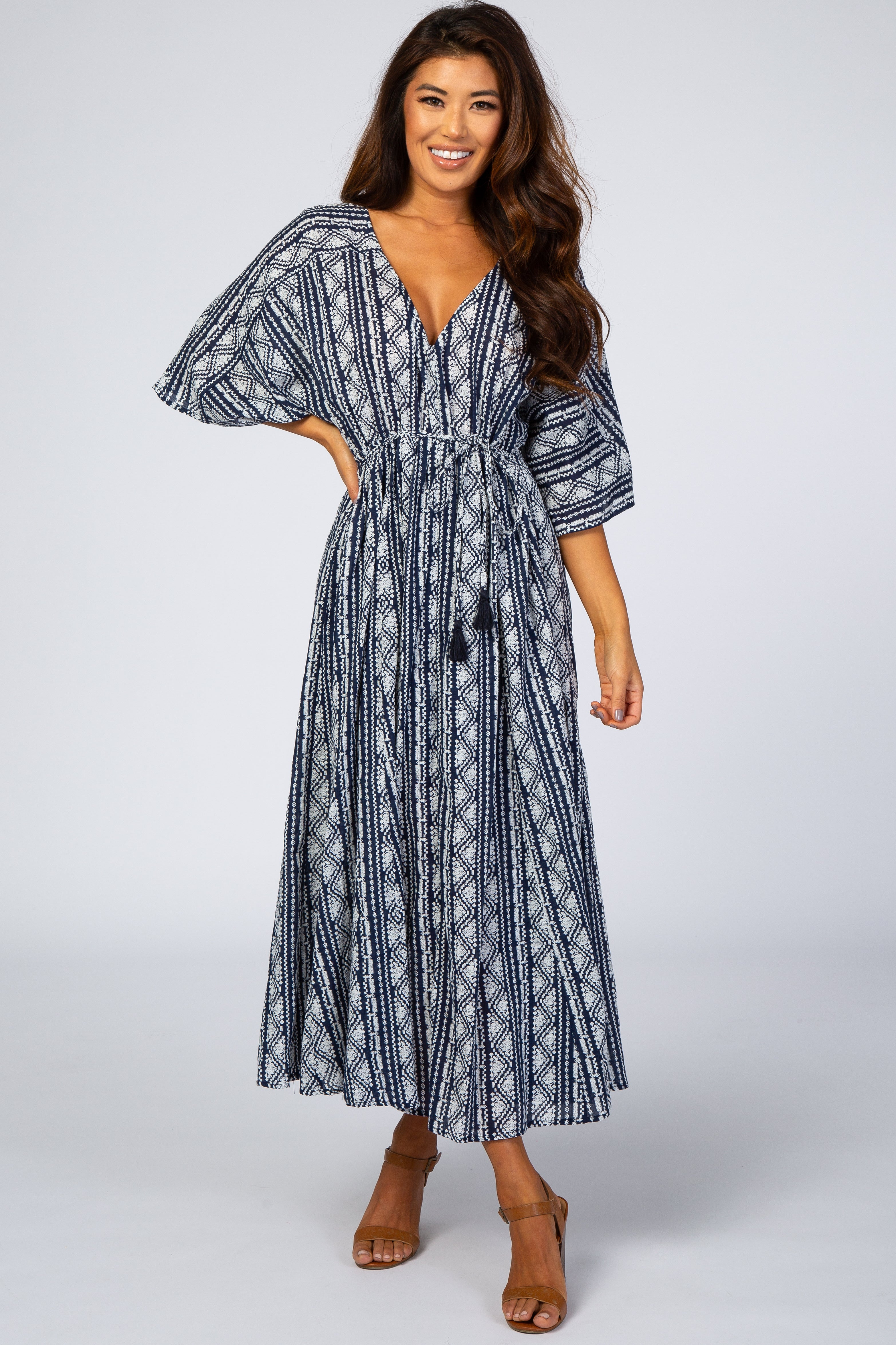 PinkBlush Navy Printed V-Neck Midi Dress - Main Product Image