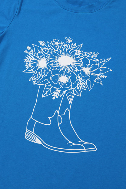 Blue Sunflower Boots Graphic Western Fashion T Shirt for Women