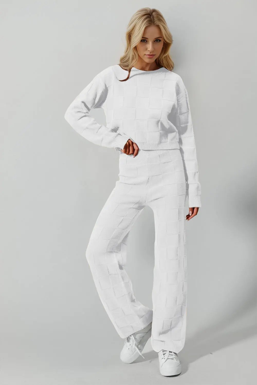 Double Take Full Size Checkered Round Neck Top and Pants Set - Love Salve