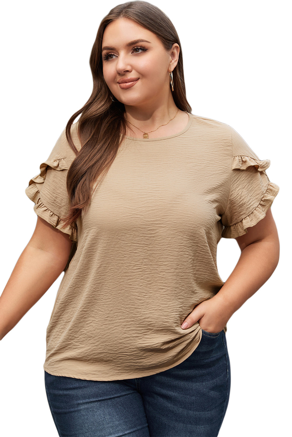 Chic ruffled short sleeve top in light beige for plus sizes