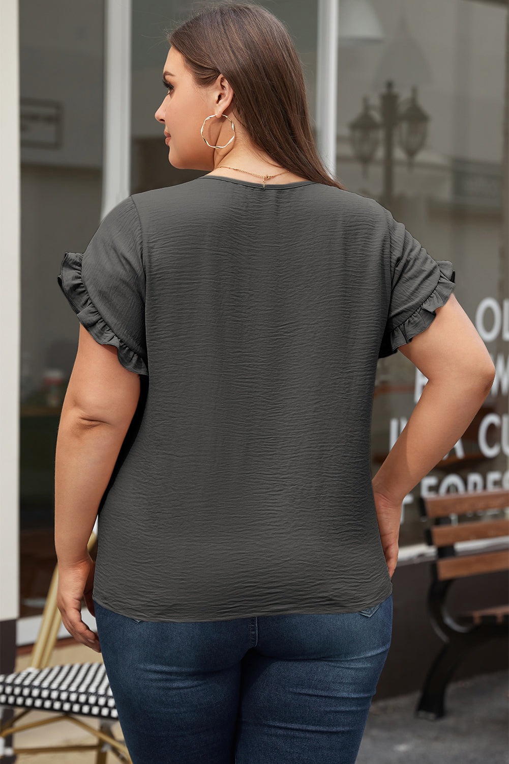 Chic dark grey ruffled plus size top for effortless elegance