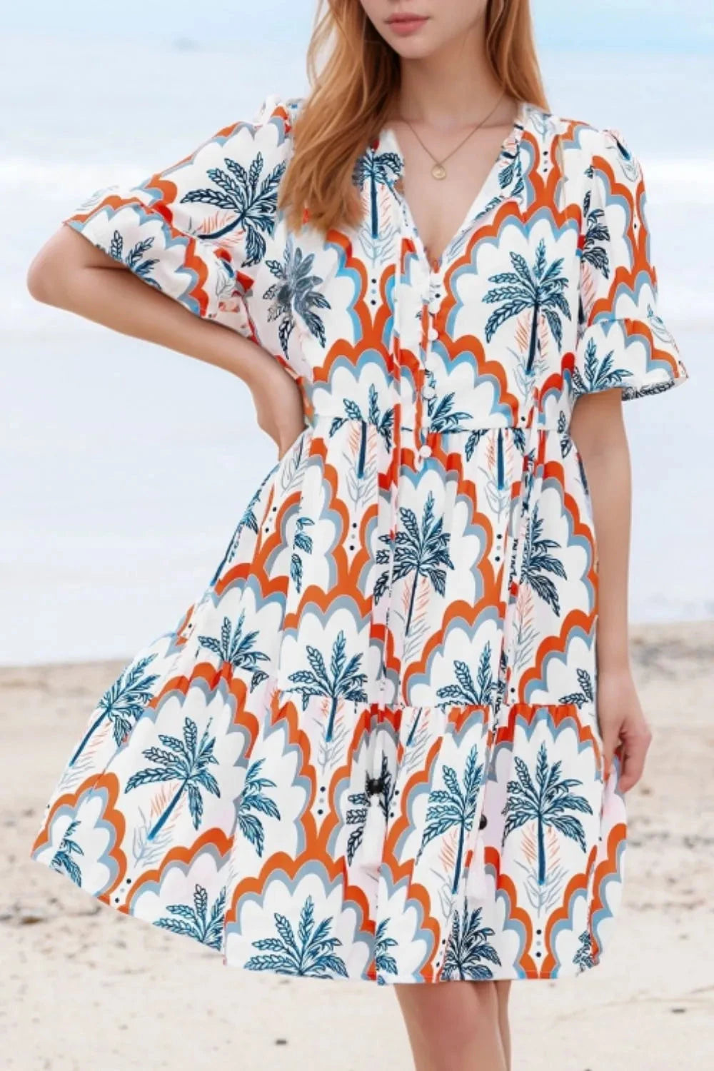 Contrast Palm Tree Printed Short Sleeve Flowy Dress Simply Love