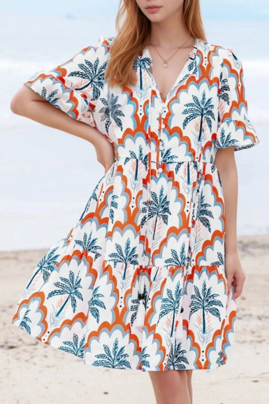 Contrast Palm Tree Printed Short Sleeve Flowy Dress Simply Love