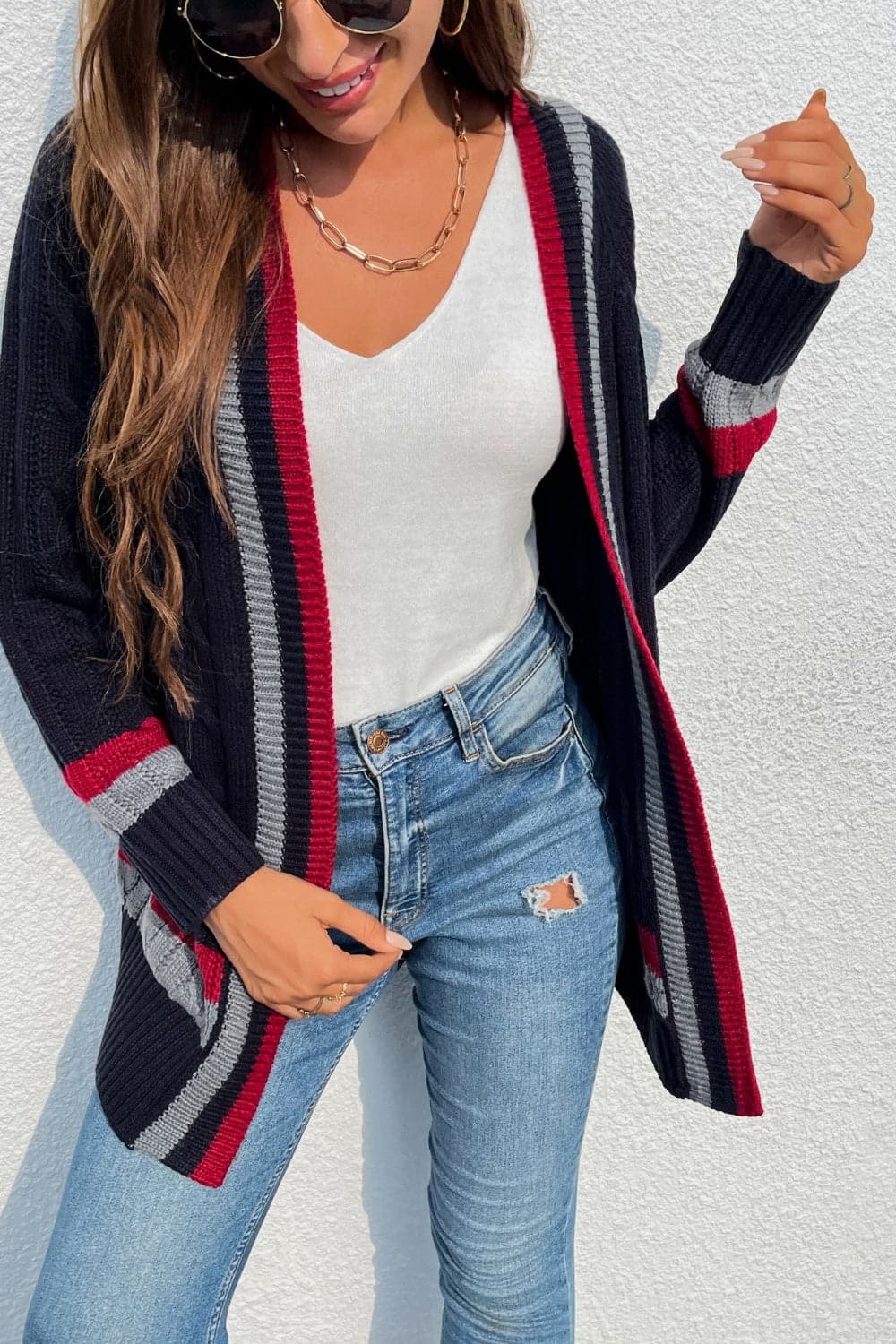 Open Front Striped Long Sleeve Cardigan.