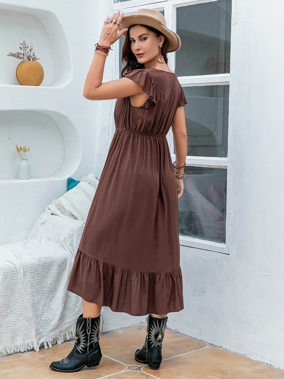 Plus Size Ruffled V-Neck Cap Sleeve Midi Dress.