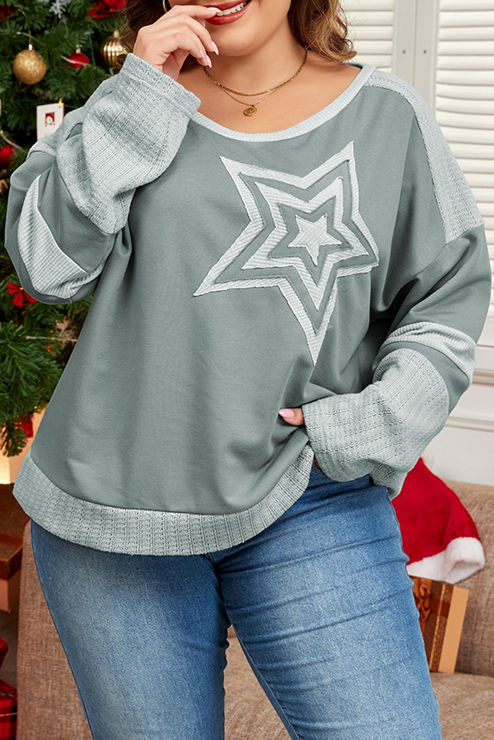 Mist green starry patchwork plus size t-shirt with round neckline